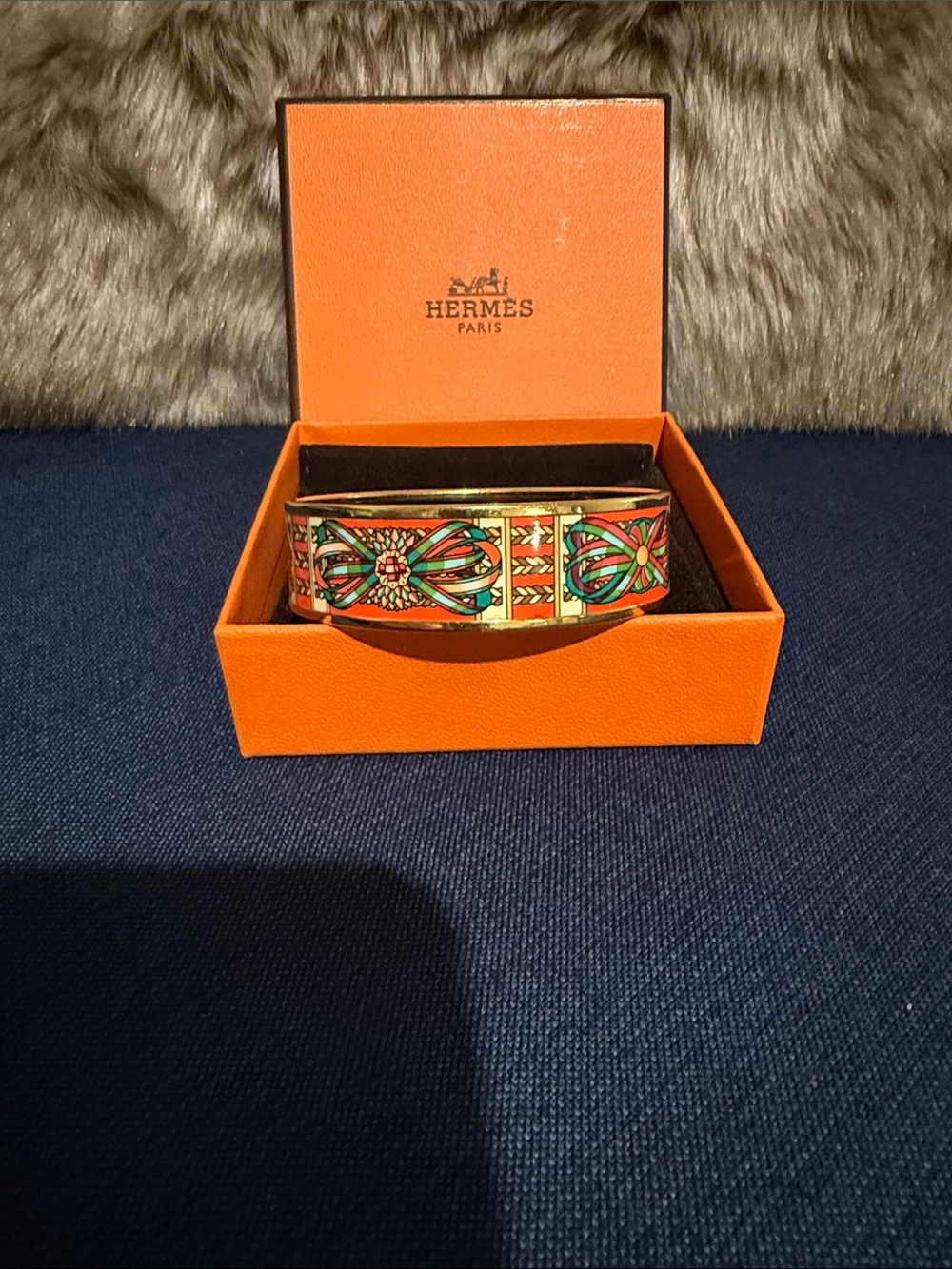 Hermès Printed Enamel Cuff Bracelet in Orange, Green & Red